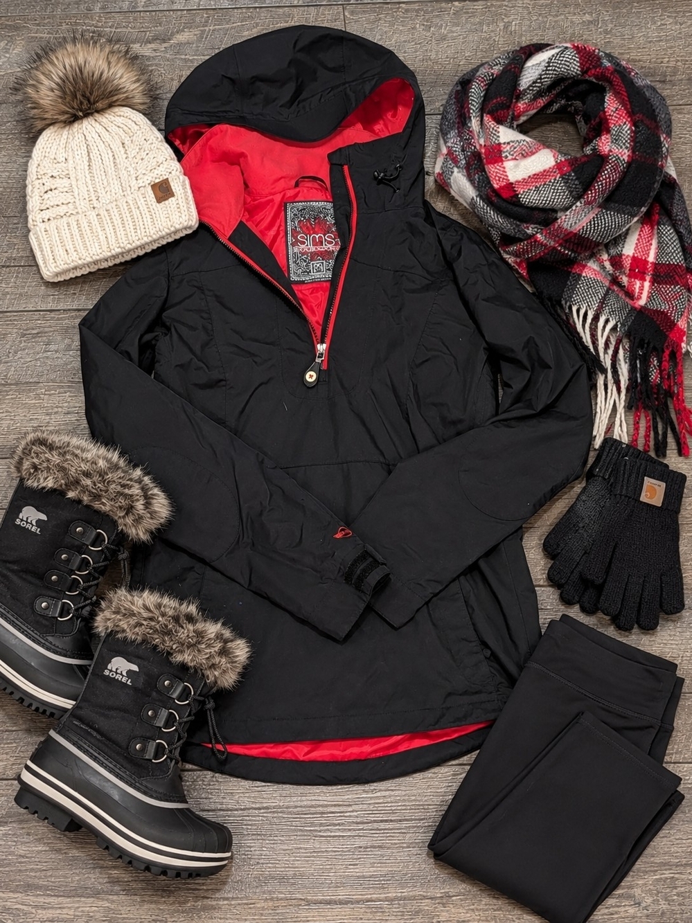 Simms Black Ski Pullover Jacket with Red Lining